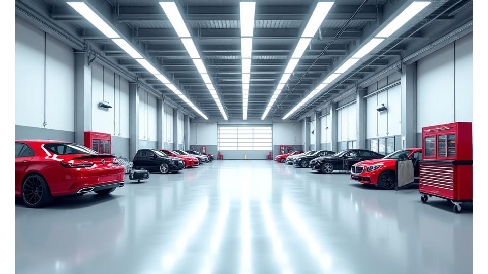 Spacious, well-lit interior of a car workshop