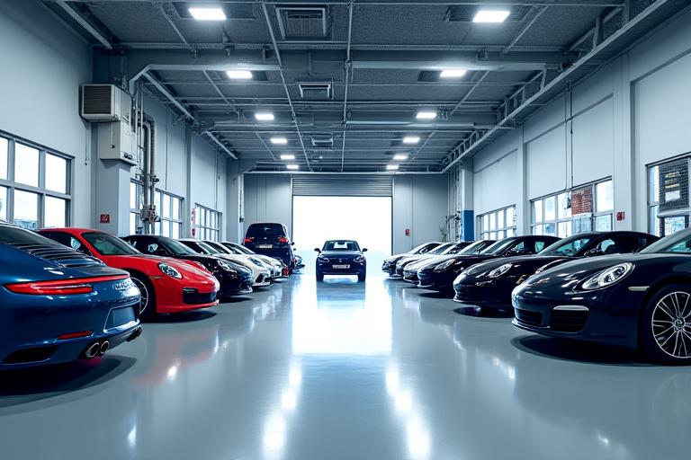 Clean, modern workshop interior with luxury cars